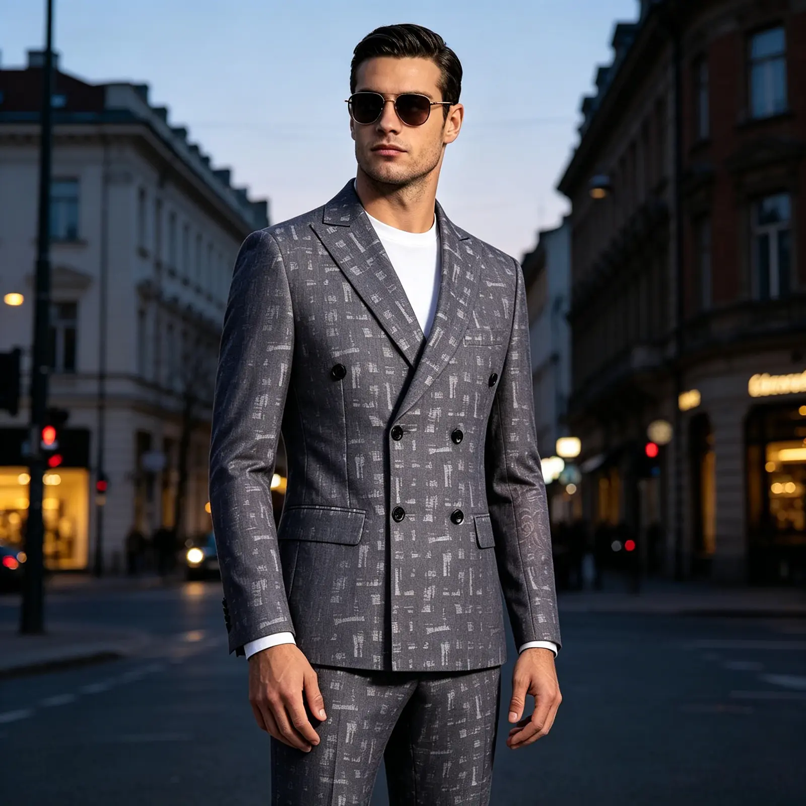 Men's Gray 2-Piece Suit Set, Chic Slim Fit Double-Breasted Blazer & Pants with Geometric Texture for Business, Wedding, Formal Wear, Split