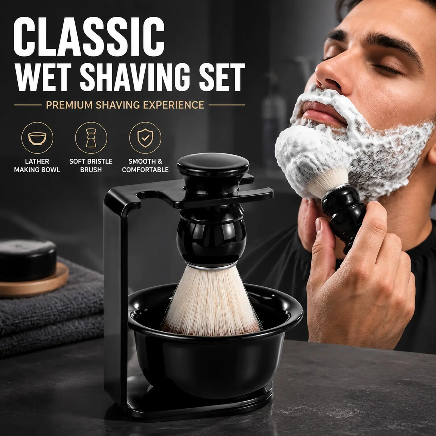 Men’s Premium Wet Shaving Kit with Brush, Bowl and Stand, Classic Beard Grooming Set with Soft Bristle Brush for Rich Lather, Traditional Facial Care Accessories for Men