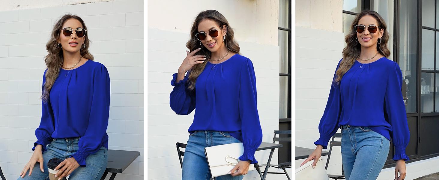 Womens Long Sleeve Chiffon Blouses Dressy Casual Smocked Work Shirts Loose Pleated Crew Neck Fall Spring 2026 Wine Red Large #Springfresh