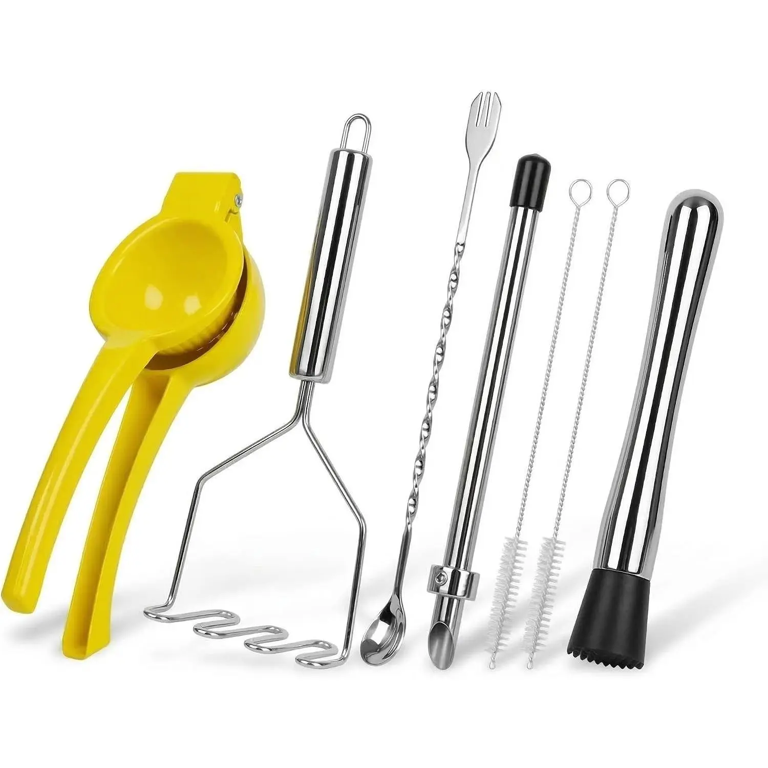 Complete 7-Piece Lemonade Stand Kit with Straw Hole Puncher for Plastic Cups, Handheld Lemon Juicer, Fruit Muddler & Wire Masher