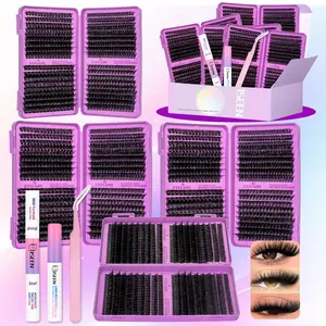 DIY Volume Lash Clusters Kit, D-Curl DIY Lash Extension Kit, Synthetic Eyelash Extensions with Bond, Glue, Seal, Remover and Tweezers, Eye Corner Eyelashes