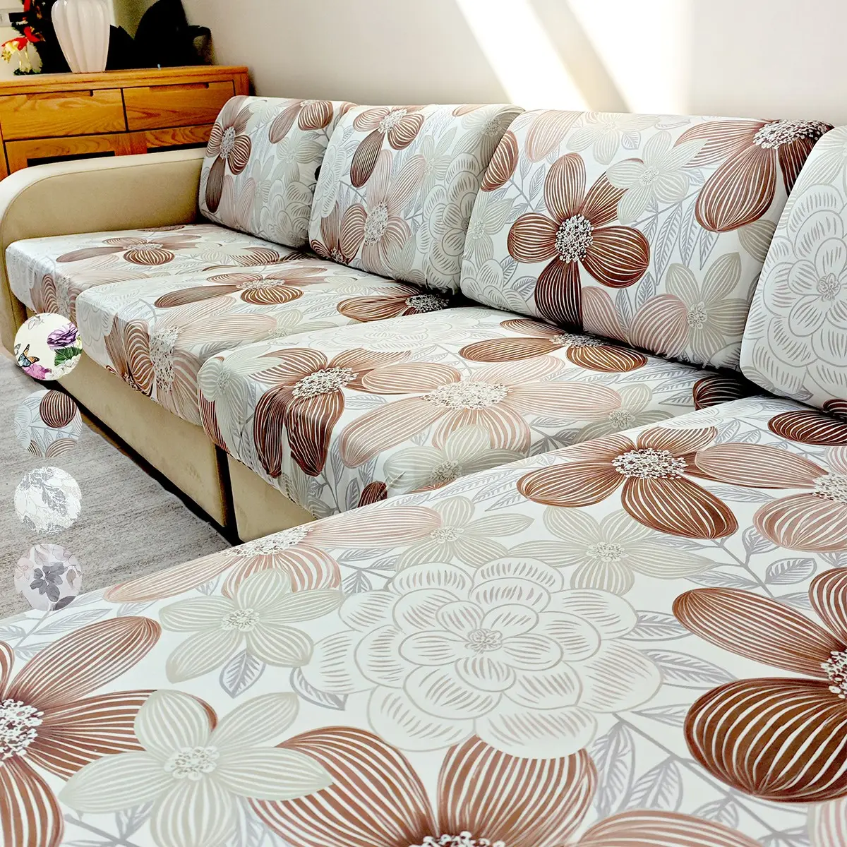 Floral Leaf Elastic Print Sofa Cushion Cover, Fits L-Shaped Sofas, Washable, Separate Seats, Home Decor, Pet Friendly, Half Pack, Removable Washable Slipcover, Sofa Furniture Slipcovers, Slipcovers For Couches And Sofas