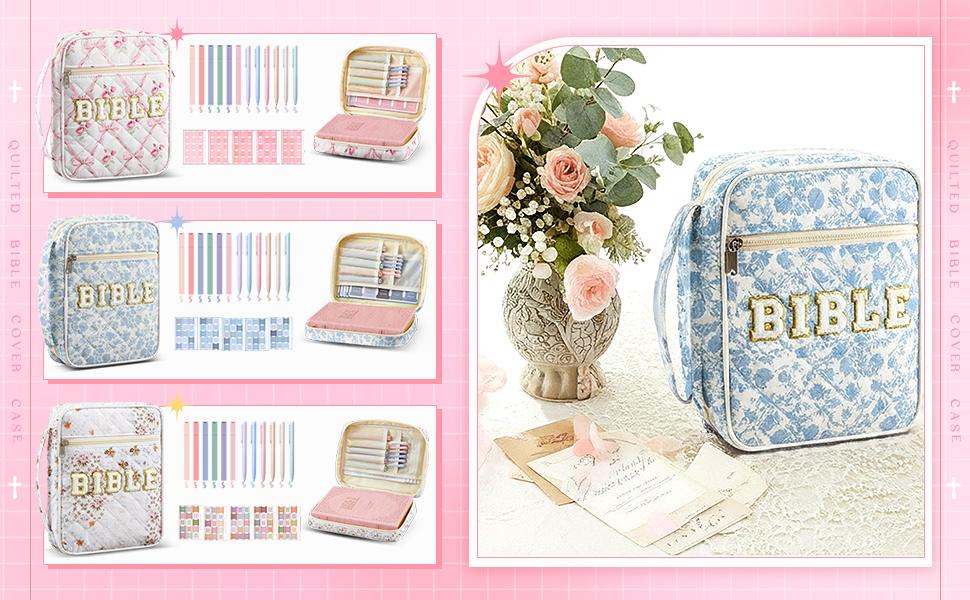 Large Bible Cover Case for Women, Bible Study Supplies Journaling Kit Chenille Letter PU Leather with Tabs Gel Pen Highlighters with Strap Easter Mothers Day Christian Gifts for Women Mom(Flower)