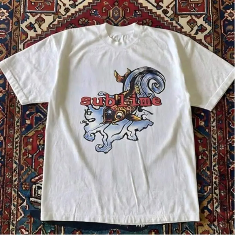 Men Vintage Sublime Koi Fish Wave Graphic Tee, Retro Ska Punk Band Short Sleeve Crewneck T-Shirt, Loose Fit Casual Summer Streetwear Top