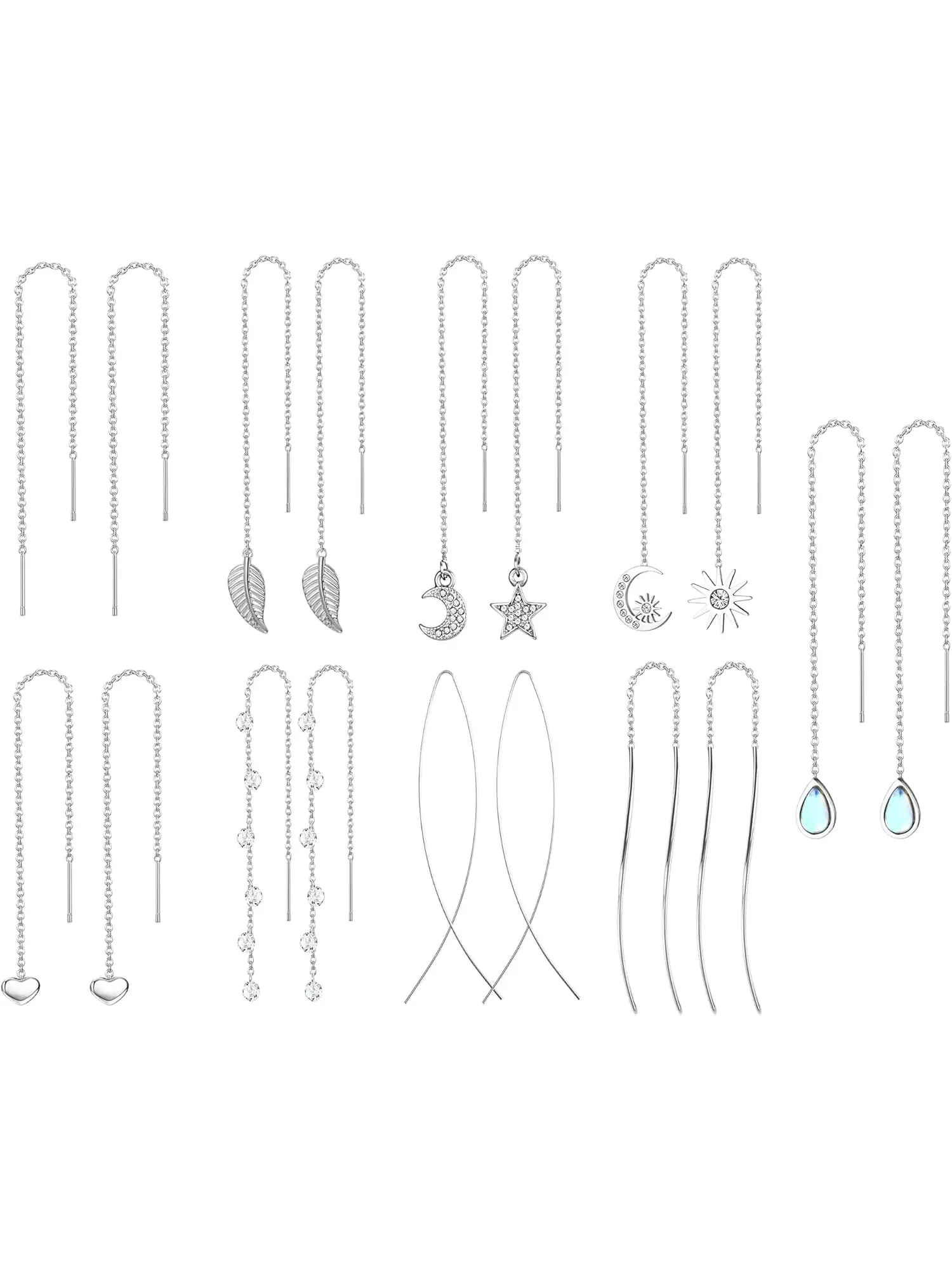 9 Pairs Threader Tassel Chain Thread Dangling Earrings for Women Stainless Steel Long Dangle Threader Earring Star Heart Moonstone Sparkling CZ Pull Through Dangle Earring Drop Set