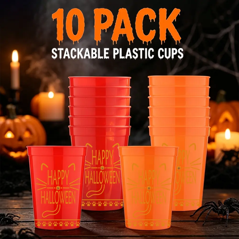 10pcs/12oz/350ml,Plastic Stadium Cup, Plastic Cups Set,Reusable Plastic Large Cups Drink Tumblers for Parties,Birthday Picnics Sports Event Wedding Party, Pumpkin Graphic Cat Style Accents Paw Print Border Festive Gift,Halloween Party Supplies