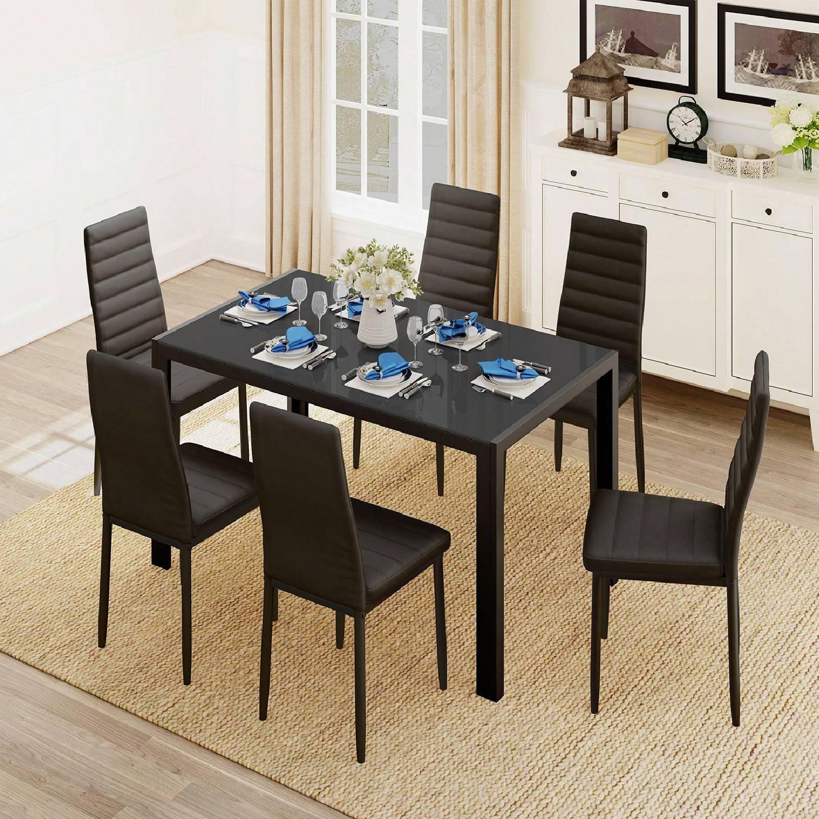 Glass Top Dining Table Set with High Back PU Leather Chairs, Available in 4-Chair & 6-Chair Options, Modern Kitchen & Dining Room Furniture Set, Comfortable Upholstered Chair Set for Living Room Restaurant Home