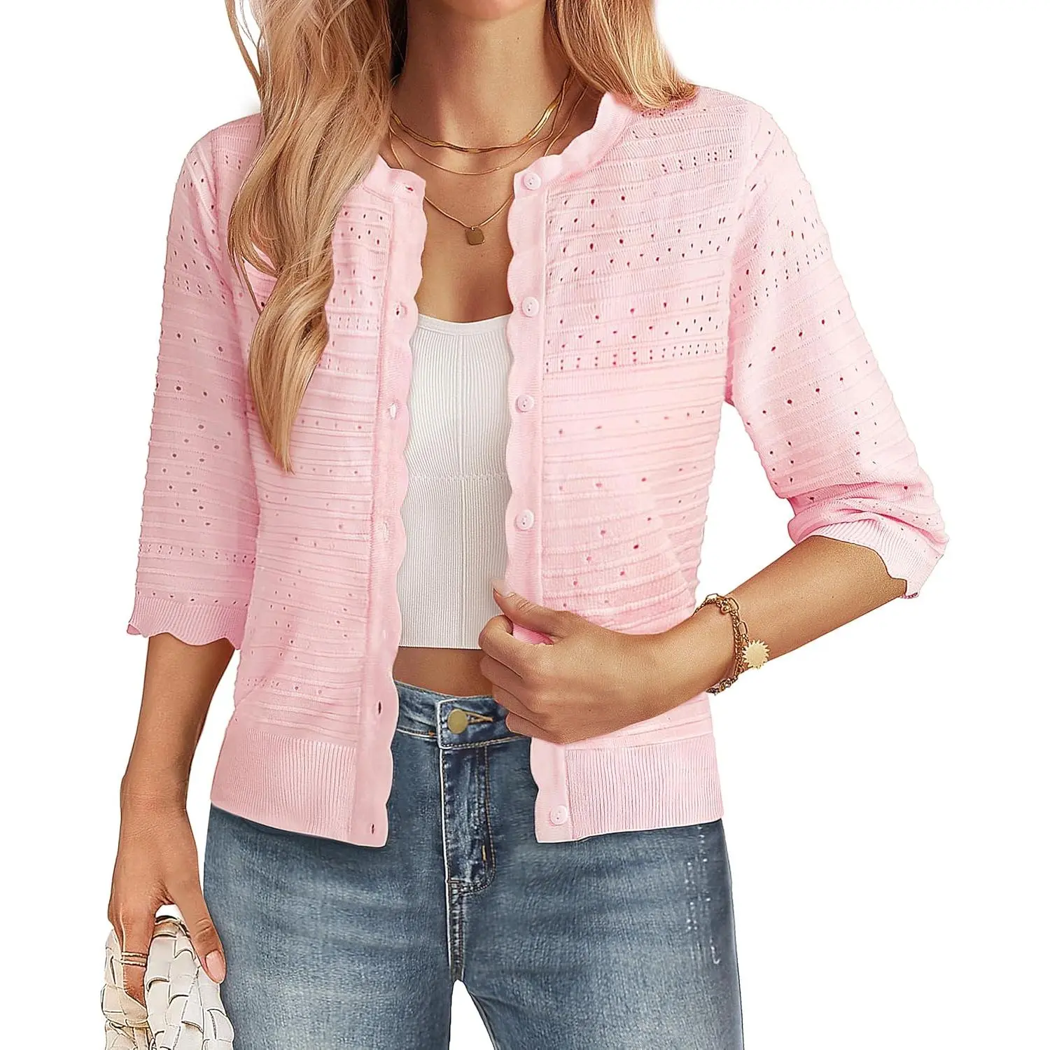 Women's 3/4 Sleeve Knit Cardigan Tops - Lightweight Cropped Crochet Bolero Shrugs for Dressy Casual Use