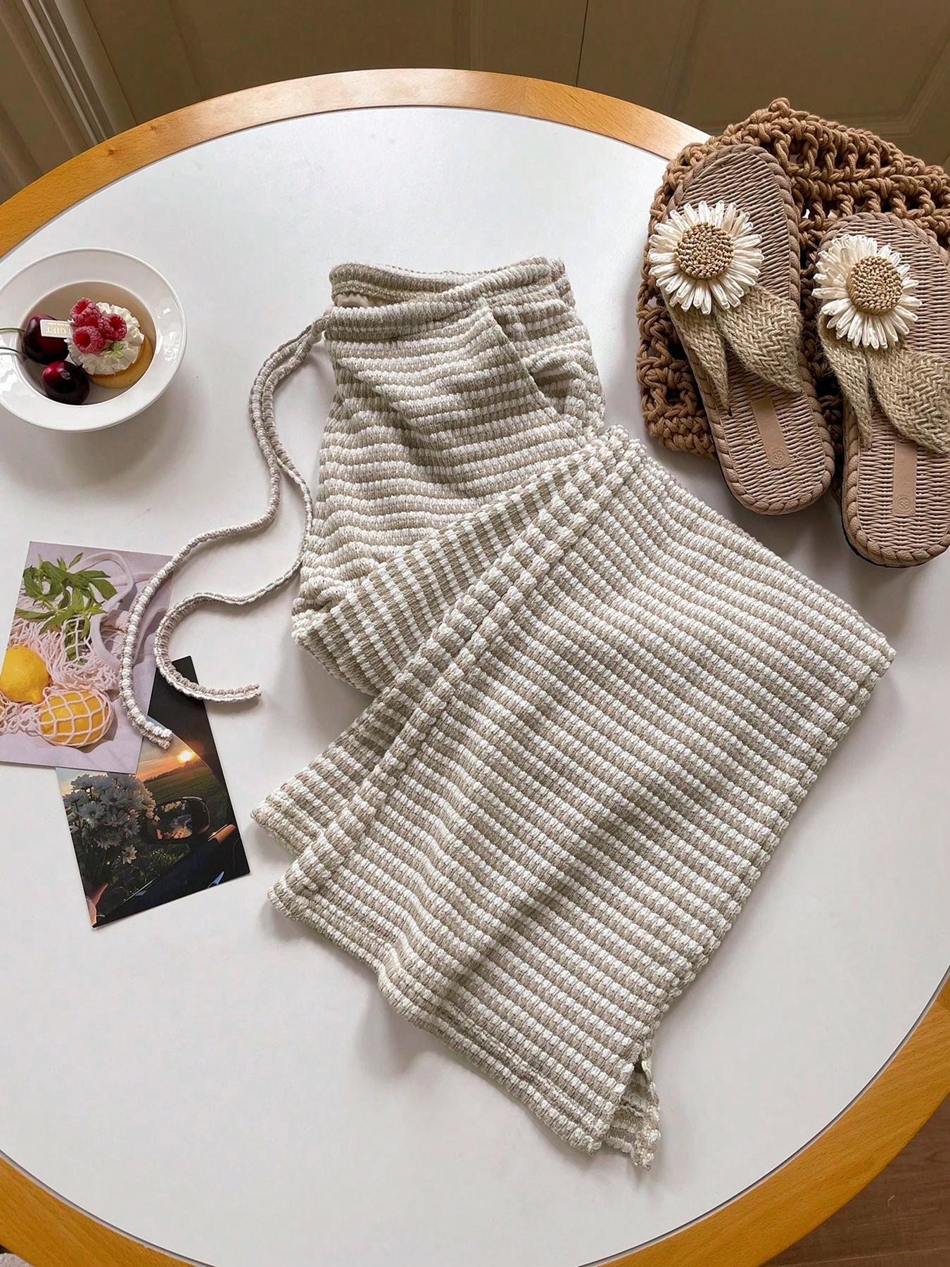 Women's Summer Knitted Striped Drawstring Pocket Casual Loose Wide Leg Pants, Perfect for Daily Wear and Vacations