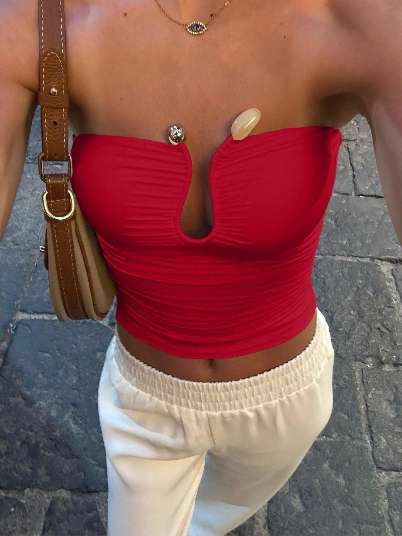 Women's Solid Color Cut Out Crop Tube Top, Casual Sleeveless Slim Cropped Top for Summer, Fashion Women's Top for Daily Wear