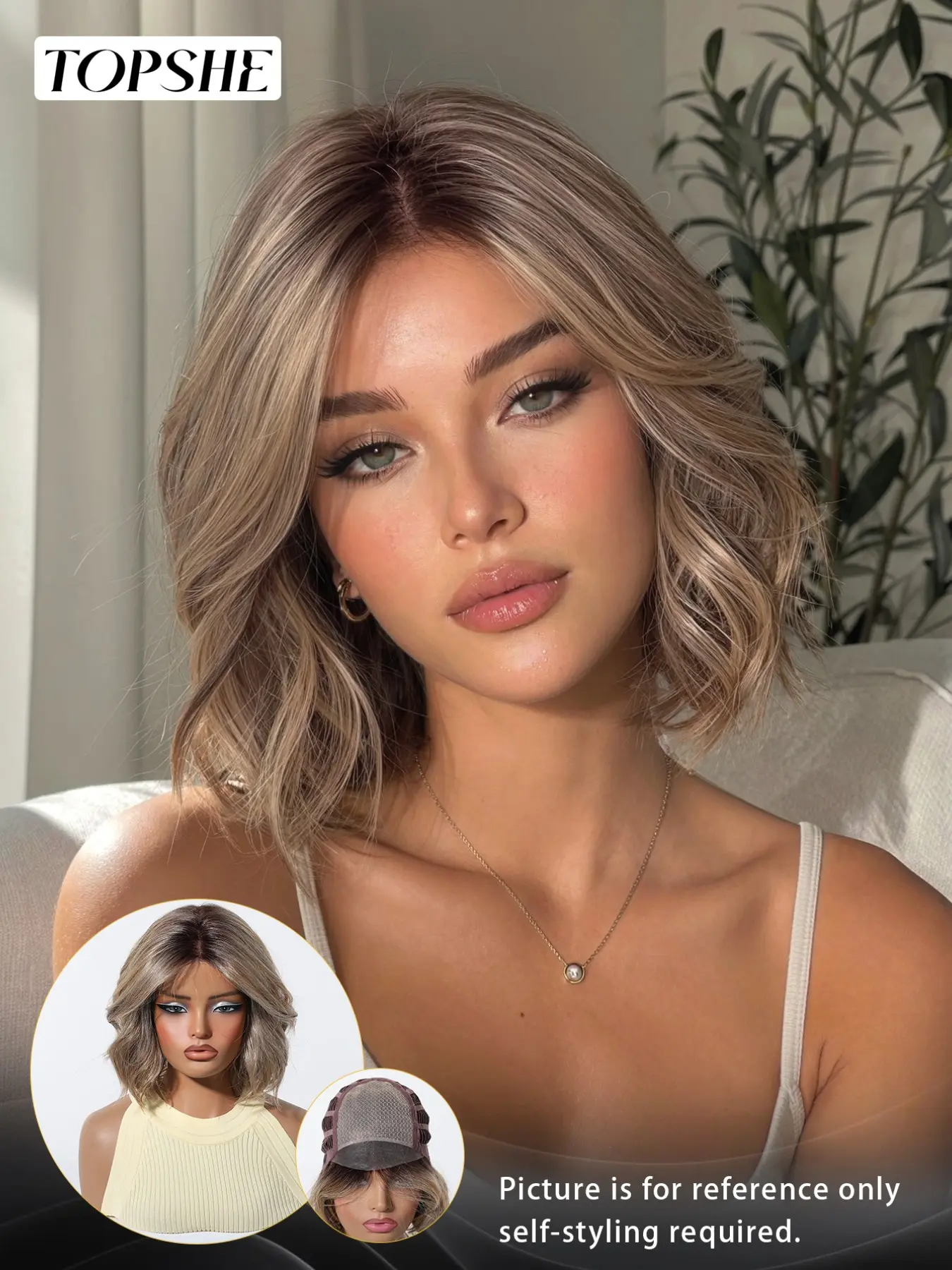 Topshe Hand Tied Mono Base Short Bob Wig, Soft Bob Wig, Dark Root Ash Brown Highlight Flip Out Loose Wave Bob, Breathable Mono Top Realistic Scalp, Glueless Wear & Go No Bleach, Tangle Free Heat Resistant Synthetic Hair, Wig For Daily Club Party