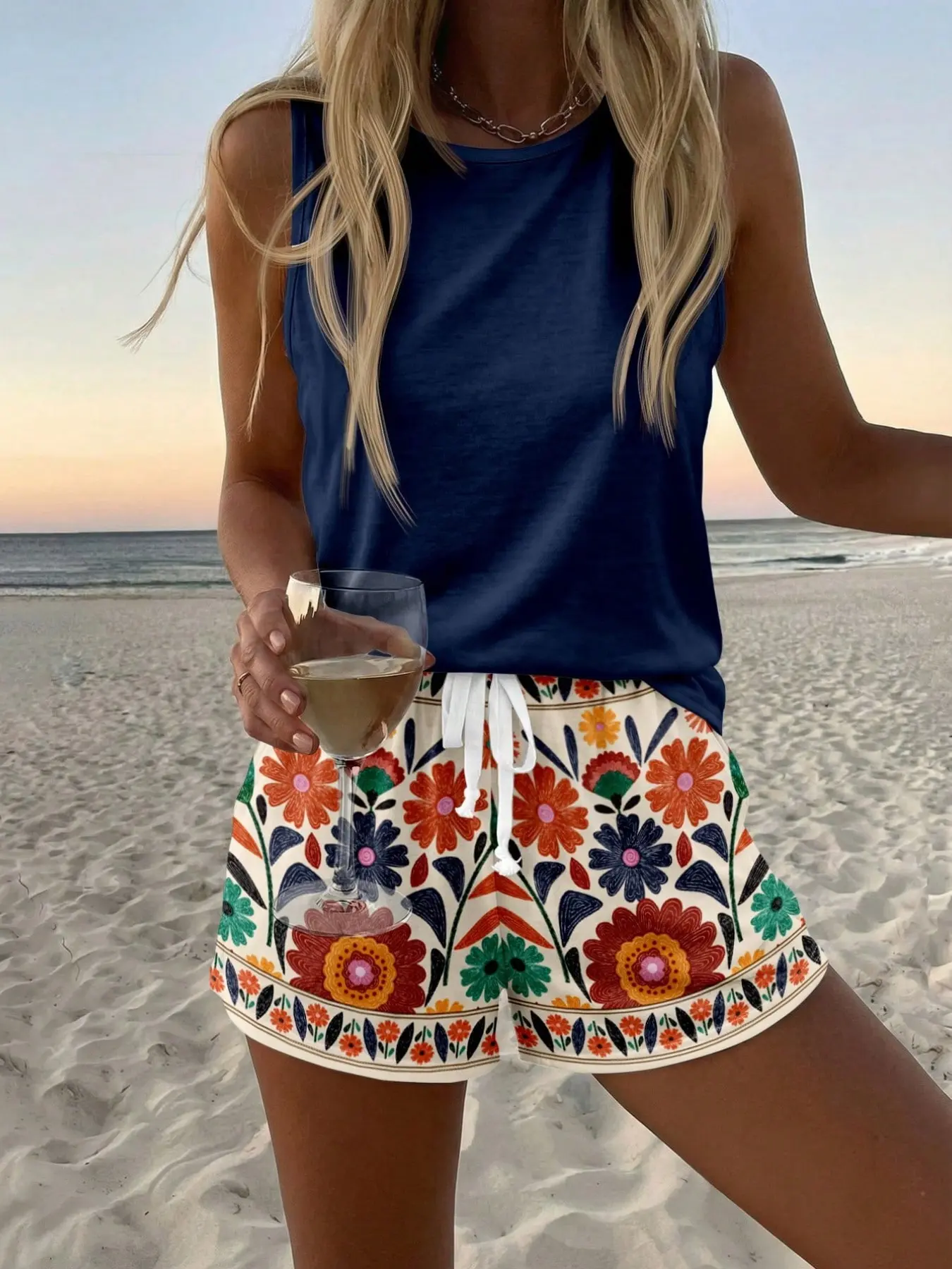 Beach Vacation Style Solid Round Neck Sleeveless Tank Top, Vintage Ethnic Floral Drawstring Adjustable Wide Leg Shorts, Casual Two-Piece Set