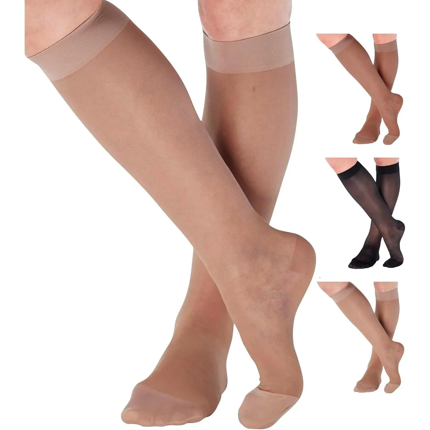 Made in USA - Compression Socks for Women Circulation 20-30mmHg - Sheer Compression Stockings for Swelling, Lymphedema, DVT, Post Surgery Recovery - Nude, Large - A205NU3