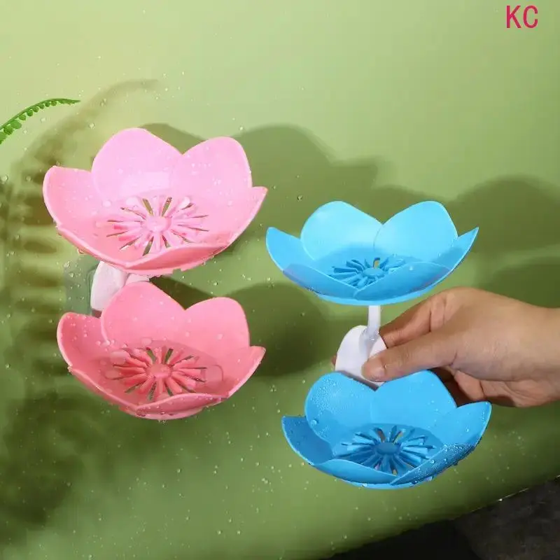 Lotus Shaped Wall Mount Double Drain Plastic Soap Dish, Space Saving Floral Bathroom Accessory In Pink And Blue For Shower Sink Daily Storage Decor