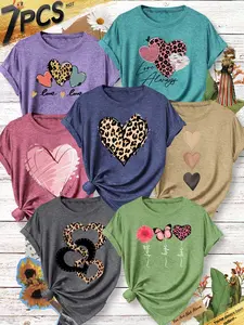 7Pcs Women Crew Neck T-shirt, Big Leopard Heart Floral Butterfly Faith Hope Love Print, Soft All-match Spring Fashion Tee Set