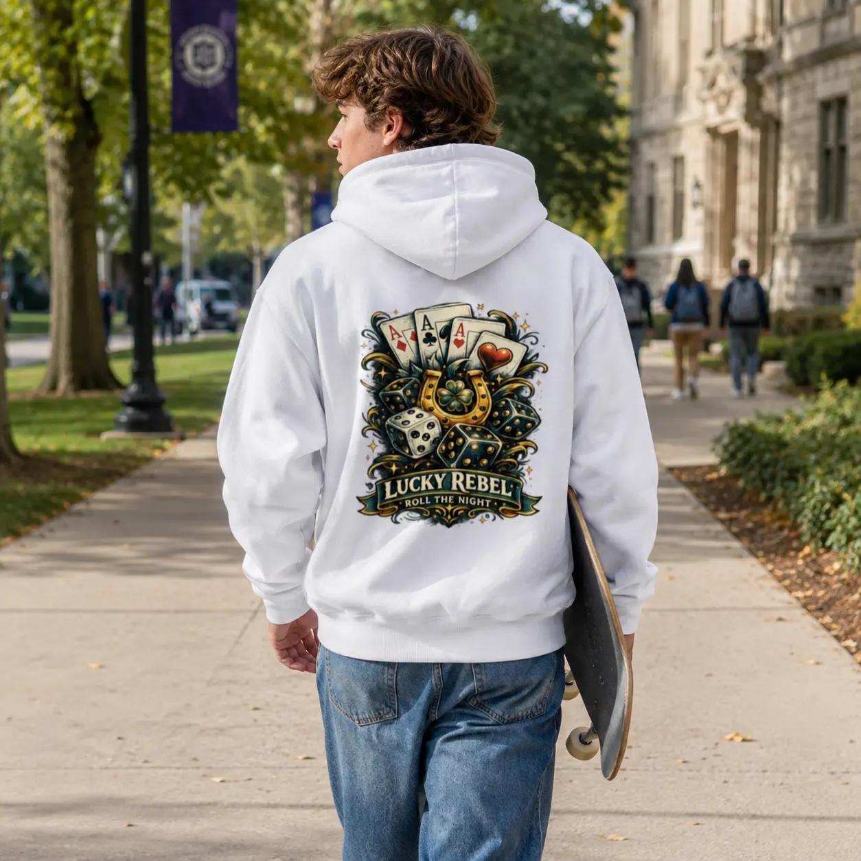 Men's Lucky Rebel Graphic Hoodie - Vintage Casino-Inspired Pullover with Adjustable Hood, Dice Cards Print, Medium Length, All Seasons Streetwear, Machine Washable Casual Gift for Teens, Retro Graphics