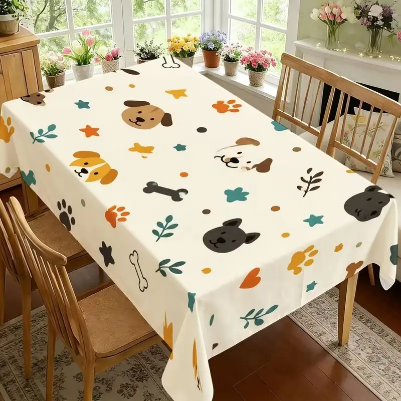 2D Flat Party Tablecloth 1pc, Cute Cartoon Dog Design, Cream Base with Colorful Prints, Durable Polyester, Kitchen Restaurant Decor