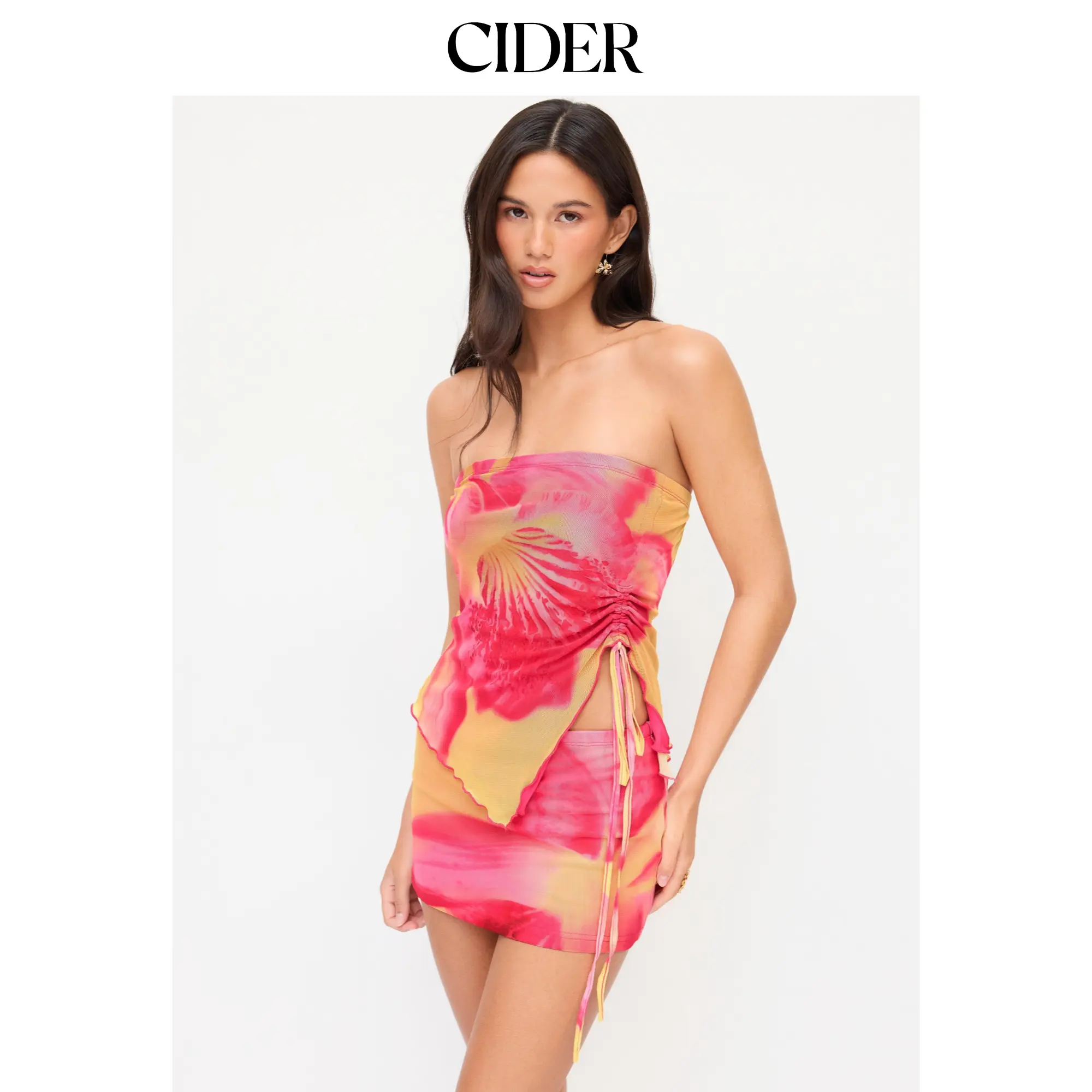 Cider Tropical Floral Side Tie Tank Top & Bodycon Skirt SohoChic