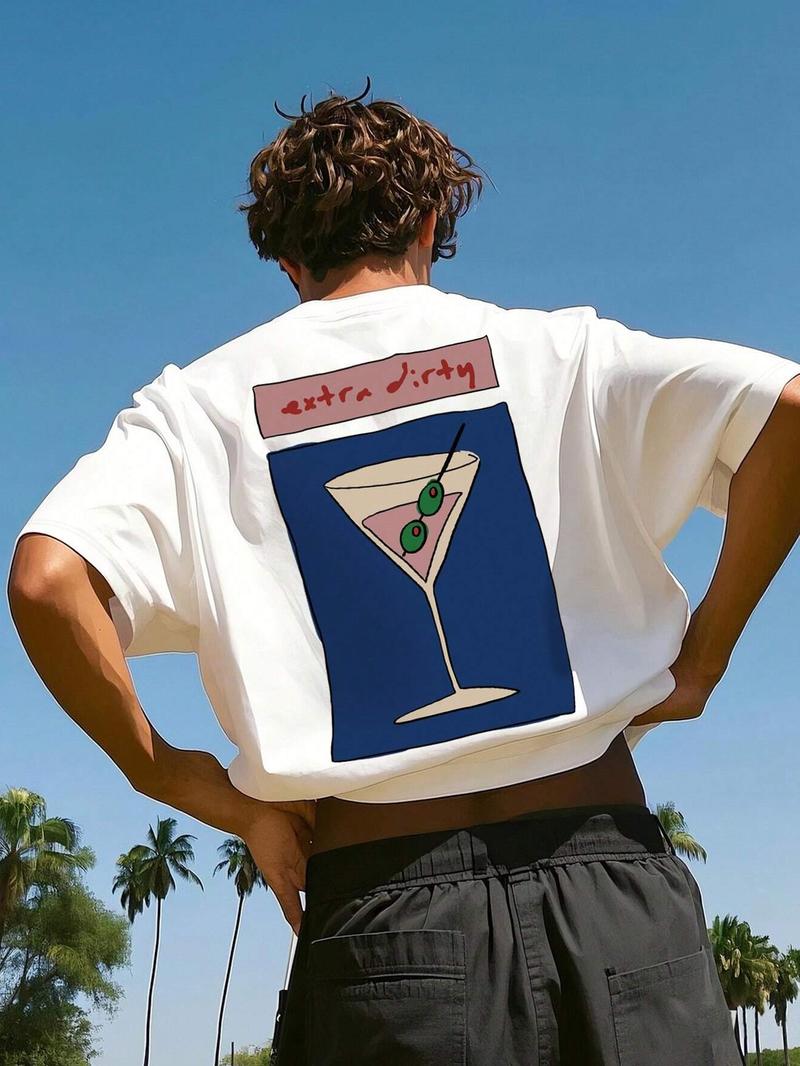 Men's Regular Fit Martini Cocktail Print Round Neck Tee, Casual Short Sleeve T-shirt for Summer, Men's Top for Daily Wear, Tropical, Casual Stylish Tee