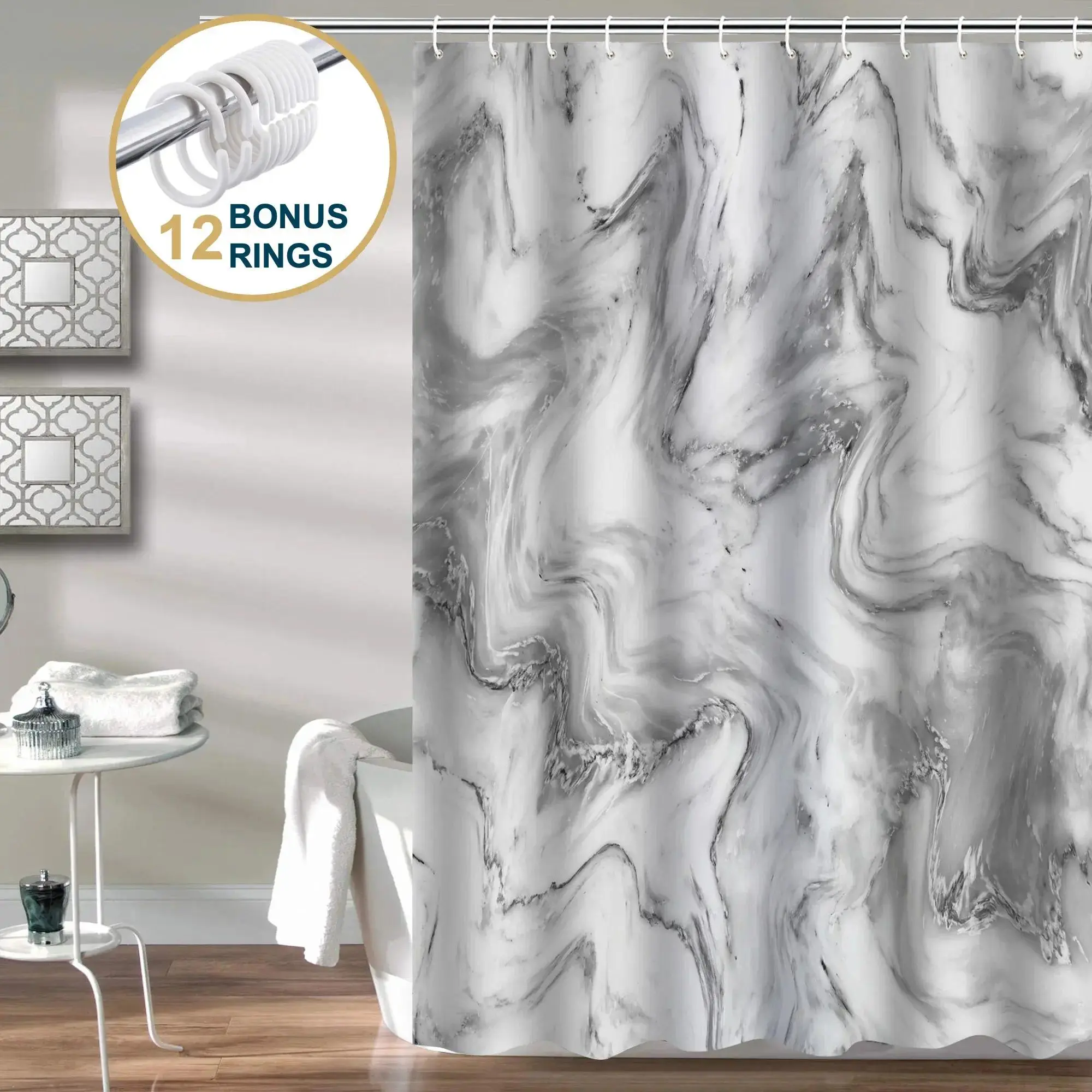 Gray Marble Polyester Shower Curtain with Metal Hanging Hooks  Heavy-Duty, Mold/Mildew-Resistant, Water-Repellent, Fade-Resistant, Machine-Washable Weighted-Hem Bathroom Curtain for Bathtub