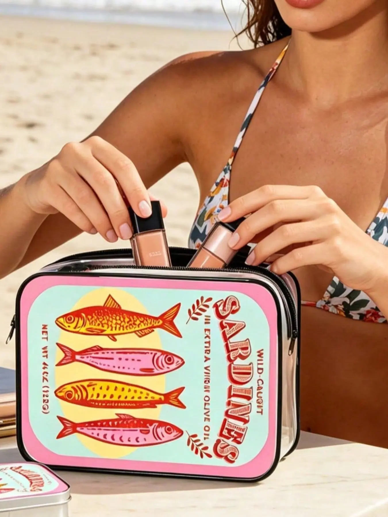 Vintage Sardine Print Transparent Travel Makeup Bag, Tsa Approved Cosmetic Pouch, Waterproof Toiletry Organizer, Transparent Vanity Bag, Ideal for Beach, Vacation, Daily Use, Travel Cosmetic Bags