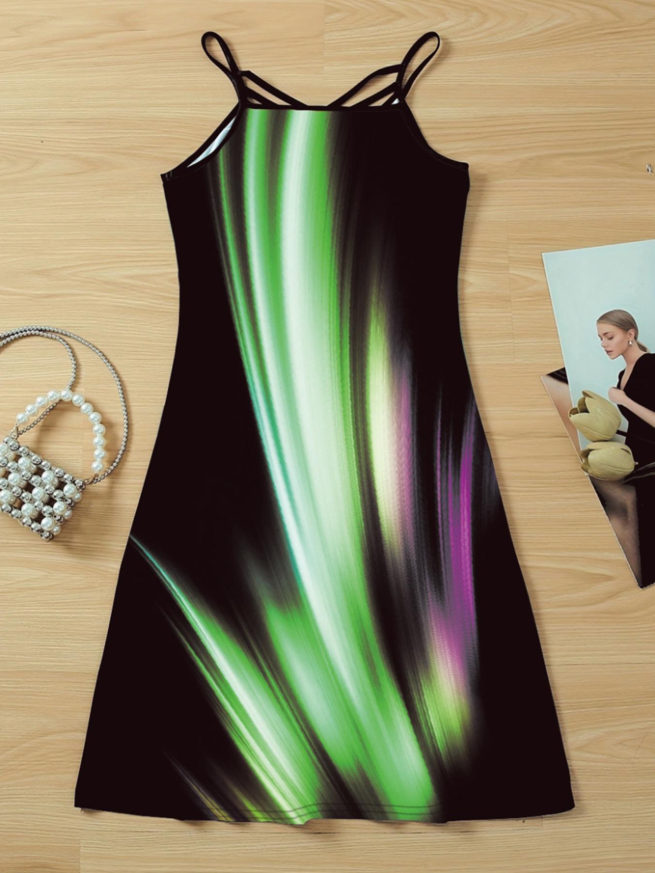 Women's Colorblock Criss Cross Backless Cami Dress, Casual Chic Dress, Casual Sleeveless Spaghetti Strap Short Dress, Ladies Summer Clothes for Beach Holiday, Womenswear