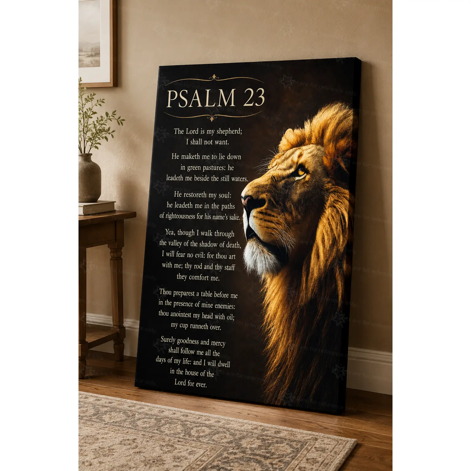 Golden Lion Portrait Psalm 23 Faith Quote Wall Art Canvas Poster, Dark Vintage Spiritual Inspirational Decorative Poster Prints, Calm Faith Wall Decor for Bedroom Living Room Prayer Room, Available as Unframed Canvas Poster or Framed Canvas Wrap