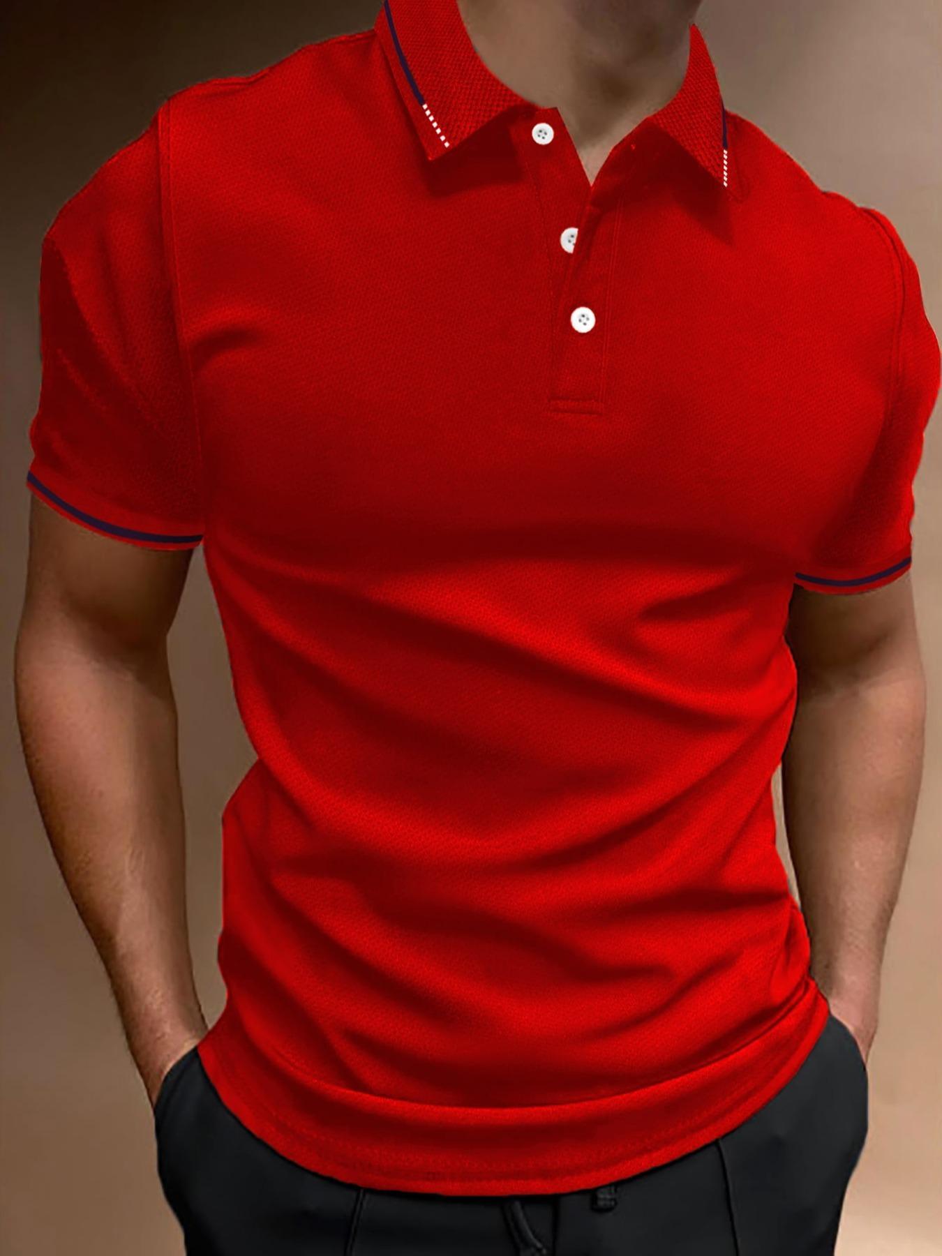 Men's Regular Fit Contrast Binding Short Sleeve Polo Shirt, Casual Solid Button Front Top for Summer, Fashion Men's Clothes for Daily Wear