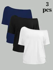 3 Packs Off Shoulder Short Sleeve Baggy Tees | Soft Stretchy Knit Fabric, Loose Casual Basic Tops For Daily Layering & Everyday Outfit