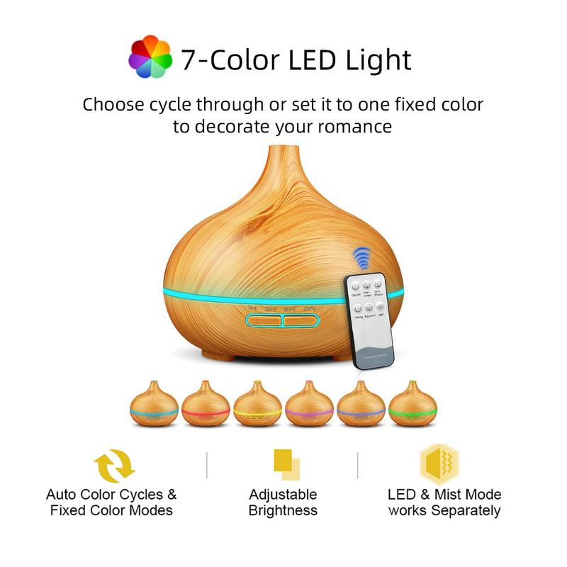 550ml Ultrasonic Aromatherapy Essential Oil Diffuser & Air Humidifier with Wood Grain Design, Remote Control, 7 Color LED Light, and 6 Oils – Perfect Aroma Diffuser and Air Purifier for Home Use