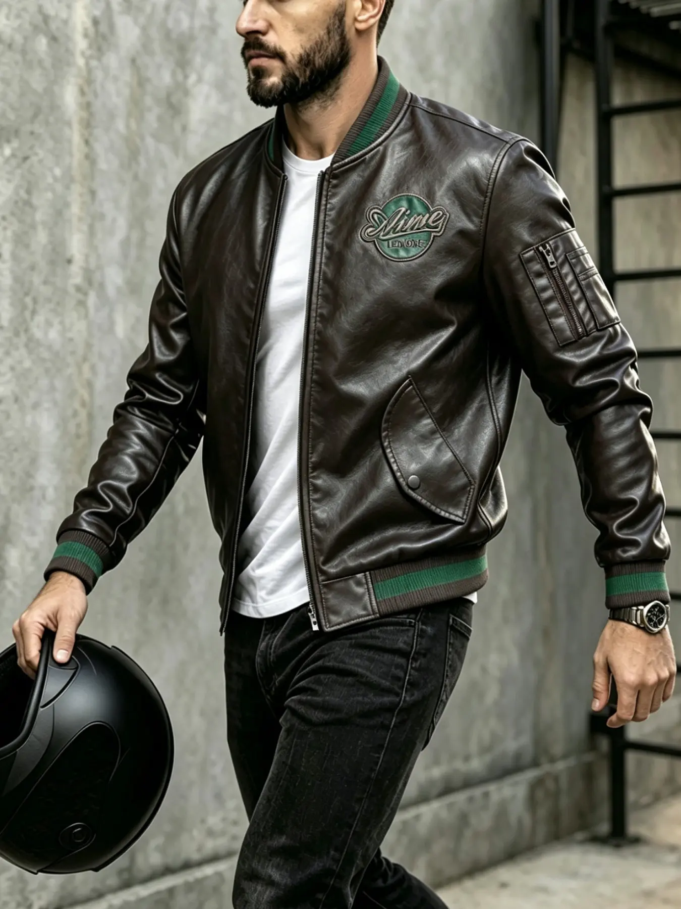 Men's Baseball Jacket, Ribbed Trim Embroidered Flight Jacket, Zipper Casual Streetwear Pilot Coat, Arm Pockets Included