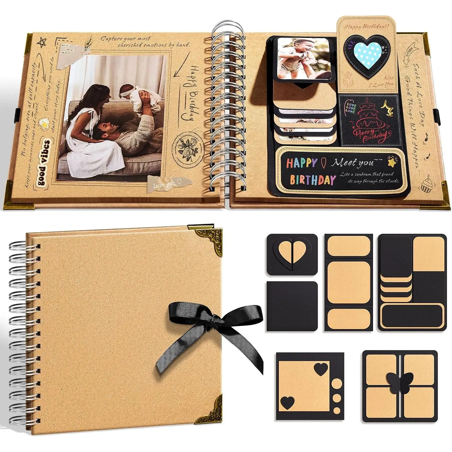 8x8 DIY Scrapbook Kit, Brown, 40 Pages | Features 250gsm  paper, metal corners,  interactive , and glue stick.  for wedding, anniversary, .