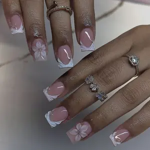 24pcs Short Square Press on Nails, French Tip 3D Flower Embossed, Removable Reusable Glue on Nails, Elegant Nude False Nails