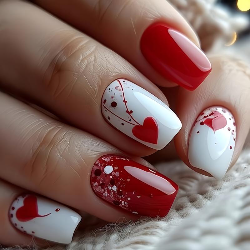 24PCS Valentine’s Day Press On Nails – Red Heart Smudge Design, Medium Long Square Fake Nails, Glossy Solid Color Manicure for Holiday Parties, Date Night & Everyday Wear