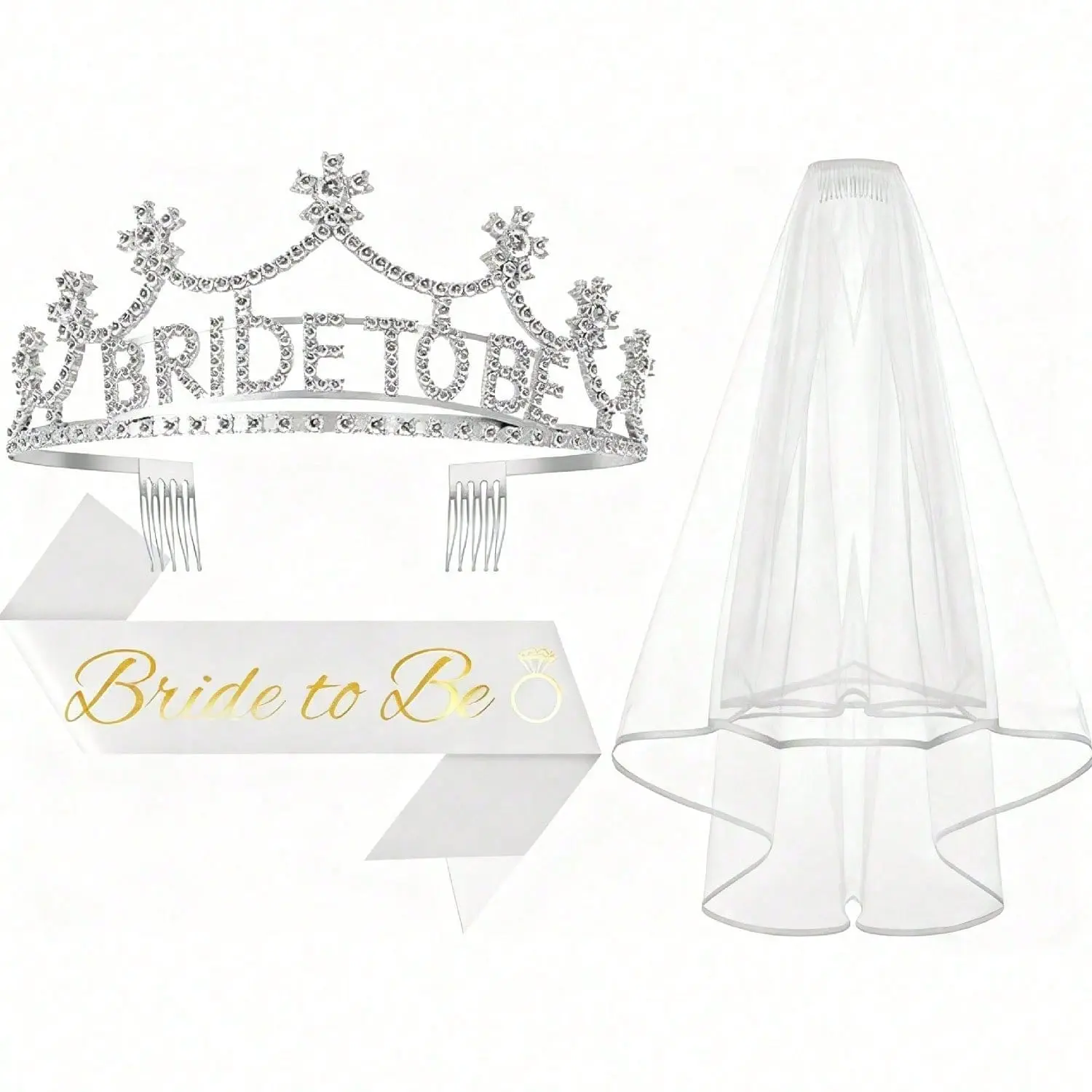 Bride Tiara Veil Sash Set, Bachelorette Party Accessory Wedding Bridal Shower Small Gift