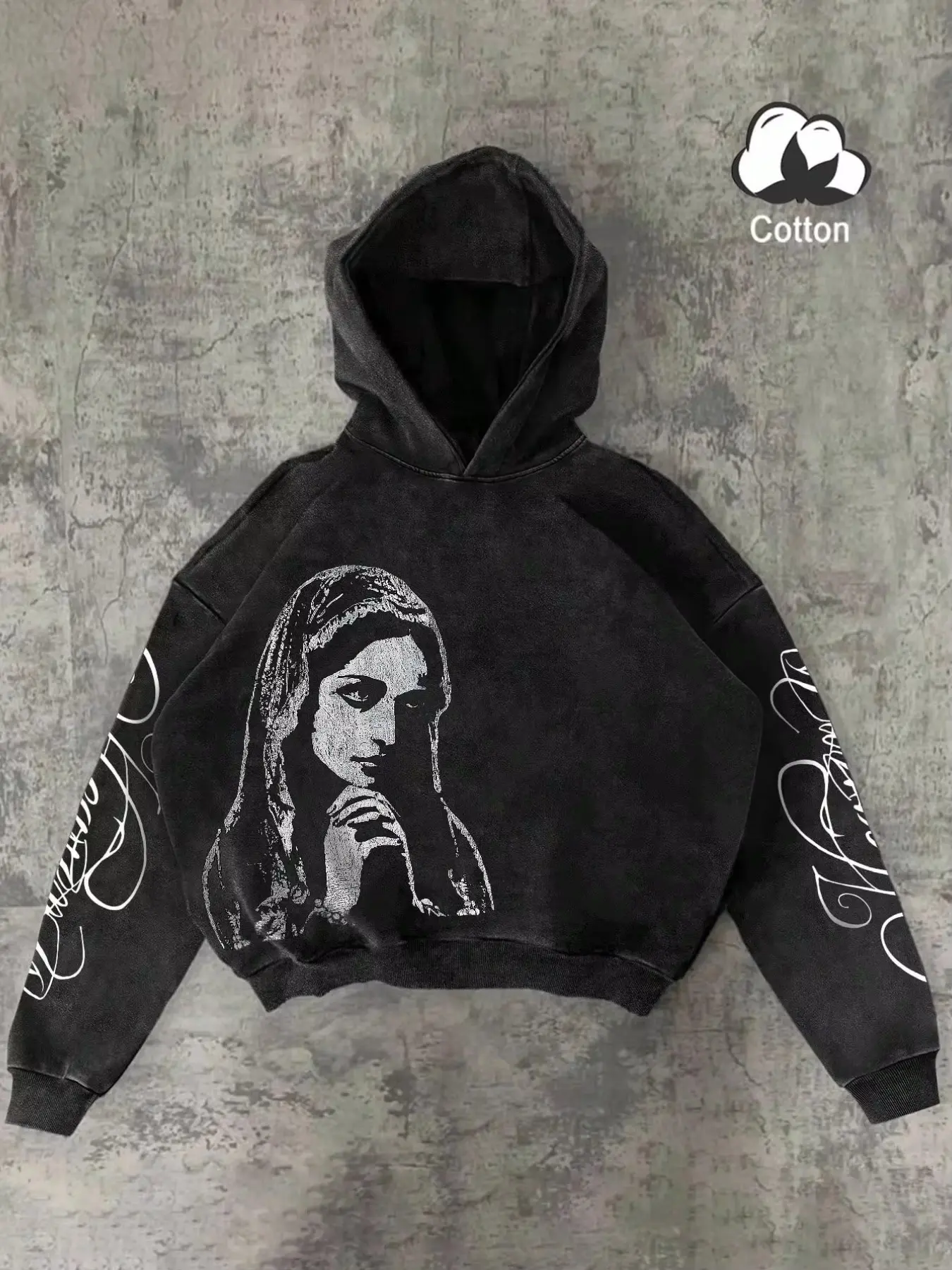 Washed Vintage Cropped Pullover Hoodie, Virgin Mary Portrait And Cursive Script Sleeve Graphic Hooded Sweatshirt, Loose Casual Streetwear Hooded Top, Y2K Dark Grunge Retro Hip Hop Hoodie For Men Trendy Daily Street Fashion Outfit