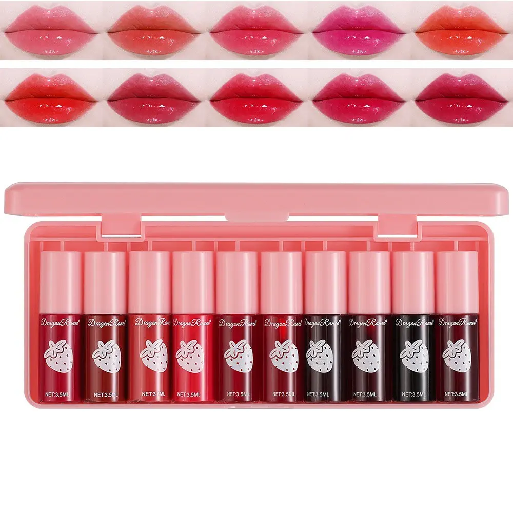Strawberry Lip Tint Lip Stain Set, 10 Color Mini Liquid Lipstick Gift Box, Long-Lasting Waterproof Lip Gloss, Portable Cute Makeup Kit for Women and Girls