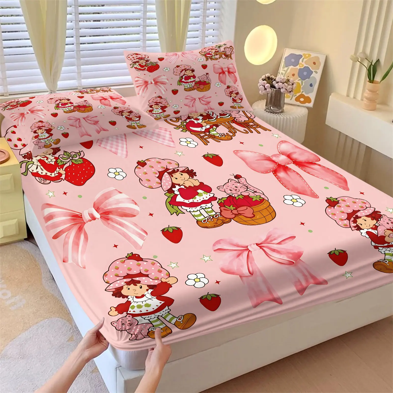 3-Piece Strawberry Cake Girl & Bow Fitted Sheet Set & 2 Coreless Pillowcases, Super Soft Microfiber Cute Fruit Print Bedding, Bedding With Sheets, Breathable Deep Pocket Anti-slip Mattress Cover, For Girls Bedroom & Dorm, Pastoral Home Decor