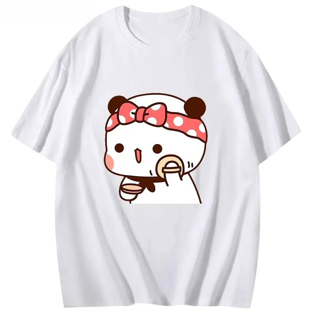 Bubu Is Making Up To Go Out with Dudu T-Shirts Kawaii Cute Panda Bear Graphic Shirt Women T Shirts 100% Cotton Tees Mens Clothing