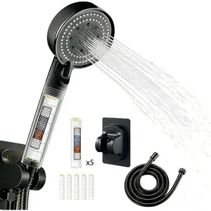 High Pressure Shower Head Black with Hose, 5-Spray Filtered Showerhead with No-Drill Holder, Water Softener Beads & ON/OFF Switch for Daily & Pet Care, Removes Chlorine, Softens Hard Water