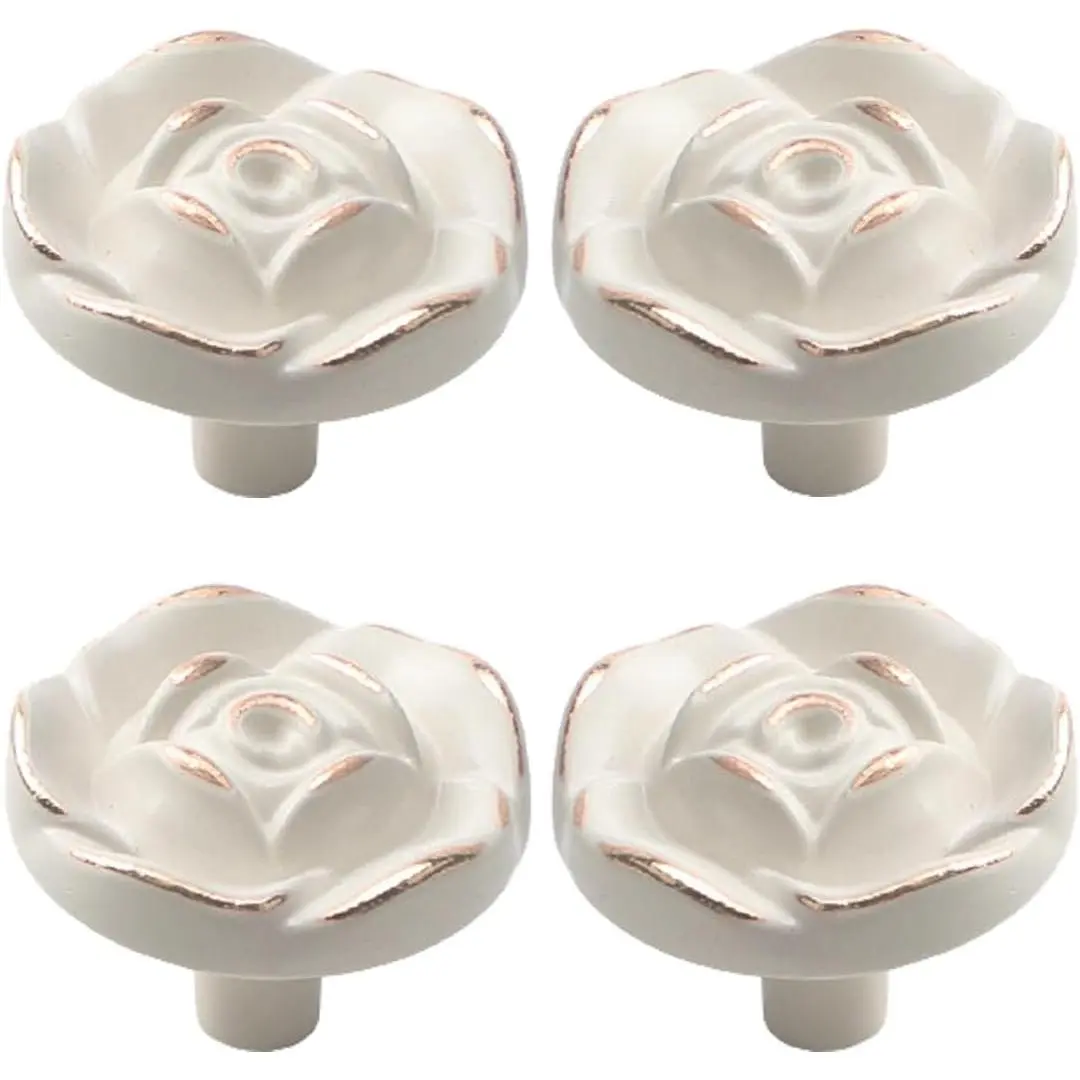 Rose Flower Dresser Knobs, [4 Pack]  Zinc Alloy Rose Cabinet Pulls and Knobs, Decorative Antique Pull knobs for Kitchen, Cupboard, Cabinets and Drawers (White, 4 count)