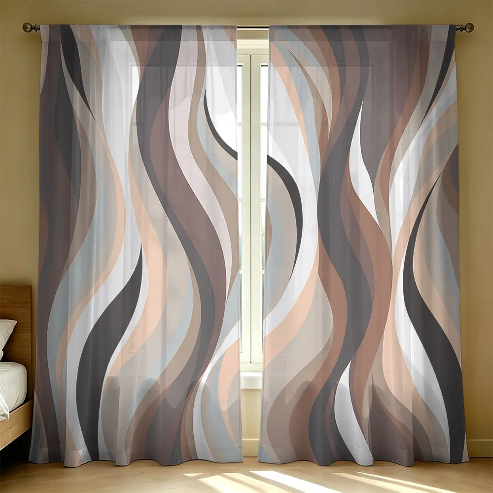 2Panels Brown Beige Wave Print Light Filtering Sheer Curtains,with Rod Pocket Design Semi-Transparent Drapes for Bedroom Living Room Home Decor