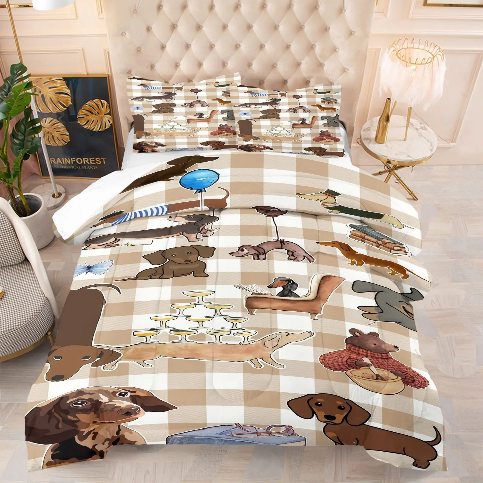 Cute Sausage Dog Printed Pattern Bedding Set, including 1 blanket and 1 or 2 pillowcases without pillowcases, soft children's or adult bedroom decoration gift