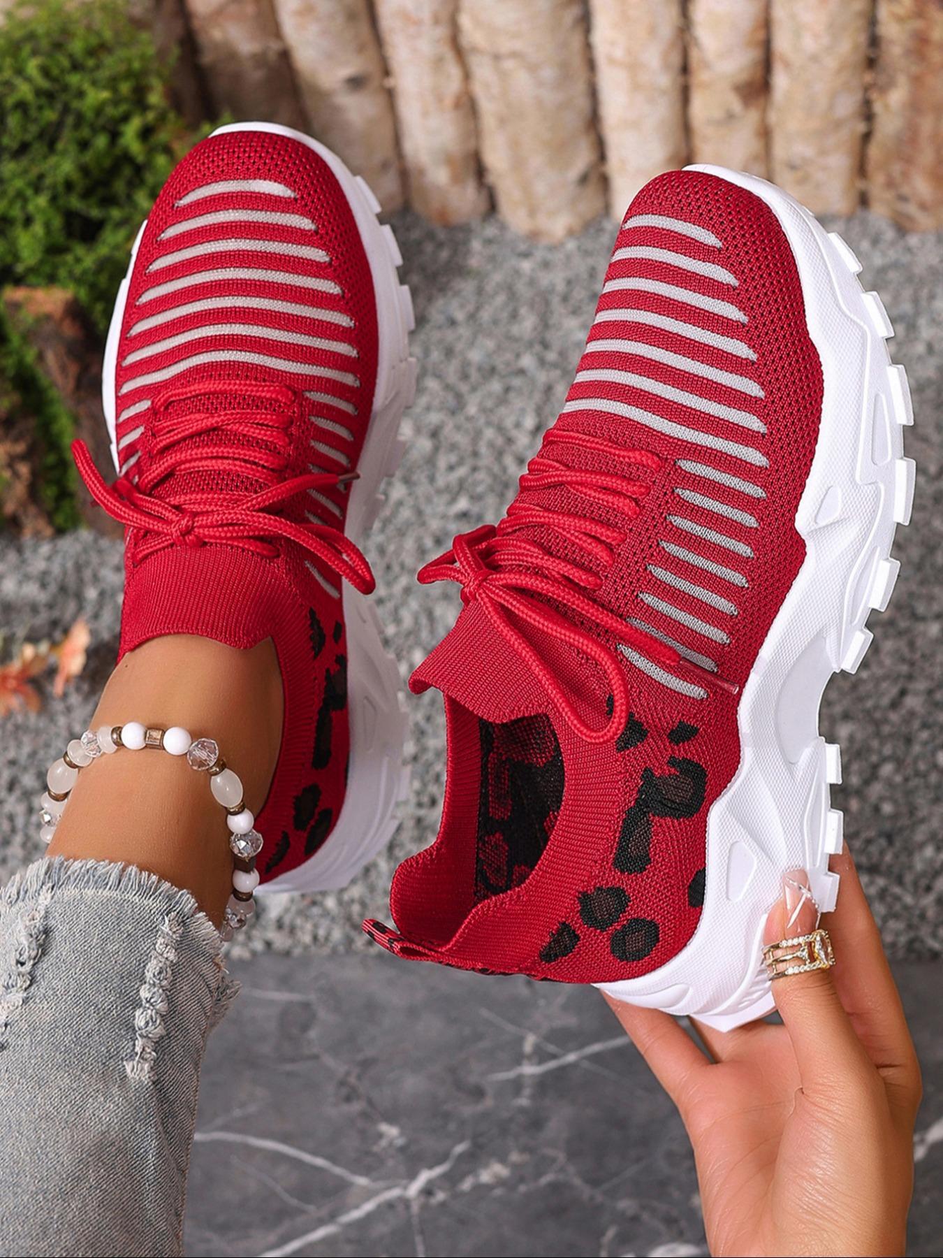 Women's Fashion Leopard Print Lace Up Low Top Sneakers, Casual Comfortable Breathable Sports Knitted Running Shoes, All-match Basic Shoes for Daily Wear, Fashionable Running Shoes