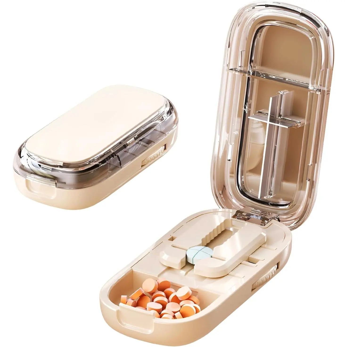 Portable Pill Cutter with Adjustable Slots – Multi Pill Splitter for Small & Large Tablets, Stainless Steel Blade, Clear Cut, Non-Slip Design, Easy to Use for Weekly Medication(Beige, 1/4)