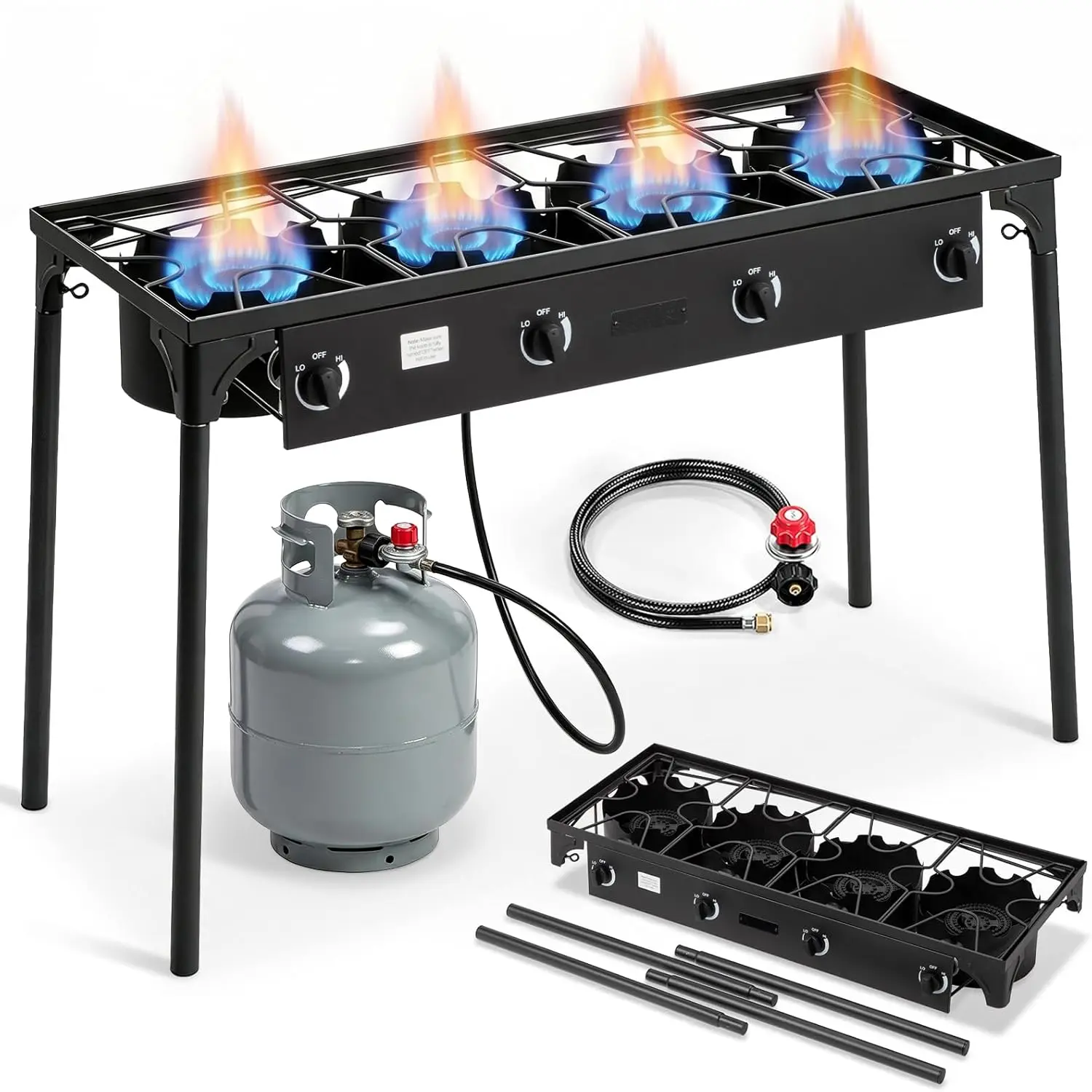 3/4 Burner Propane Gas Camp Stove, 225kBTU Power Functional, Adjustable Height Removable Legs, Temperature Control Knobs for Outdoor Cooking, Backyard BBQ, Camping