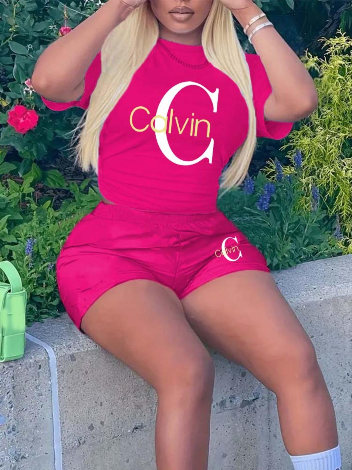 Fashionable Women's Heart Print Letter Pattern Knitwear Set, Regular Length Fitted Tops, Thin Fabric Short Sleeve T-Shirt and Shorts, All Seasons Casual Womenswear