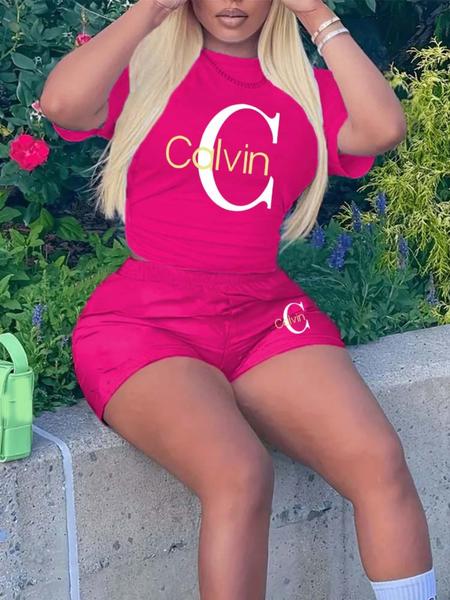 Fashionable Women's Heart Print Letter Pattern Knitwear Set, Regular Length Fitted Tops, Thin Fabric Short Sleeve T-Shirt and Shorts, All Seasons Casual