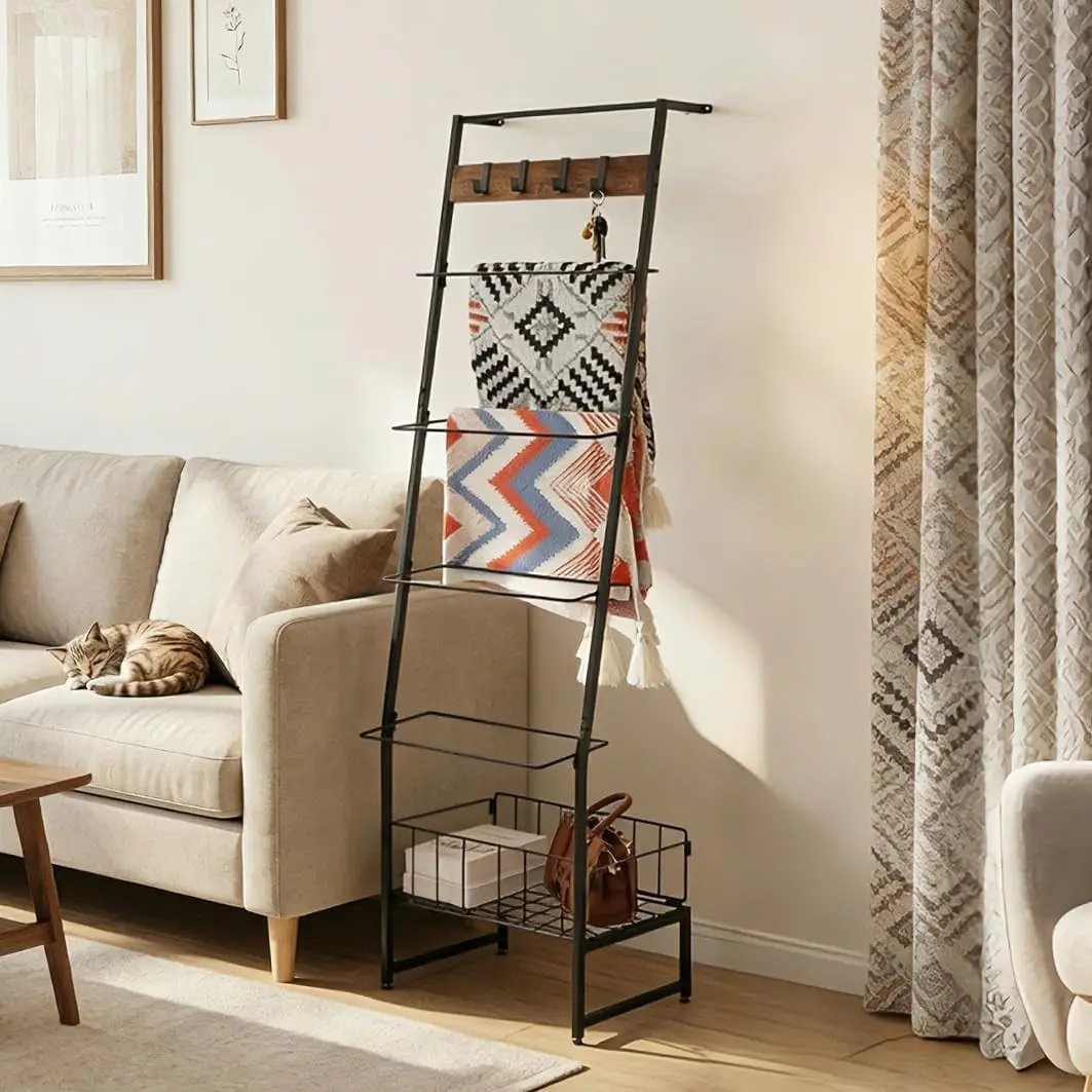 Metal Blanket Rack Organiser with Wire Mesh Basket, 4 Cubbies & Single Bar - Farmhouse Shelf for Home Organization, Ideal Gift, Metal Frame