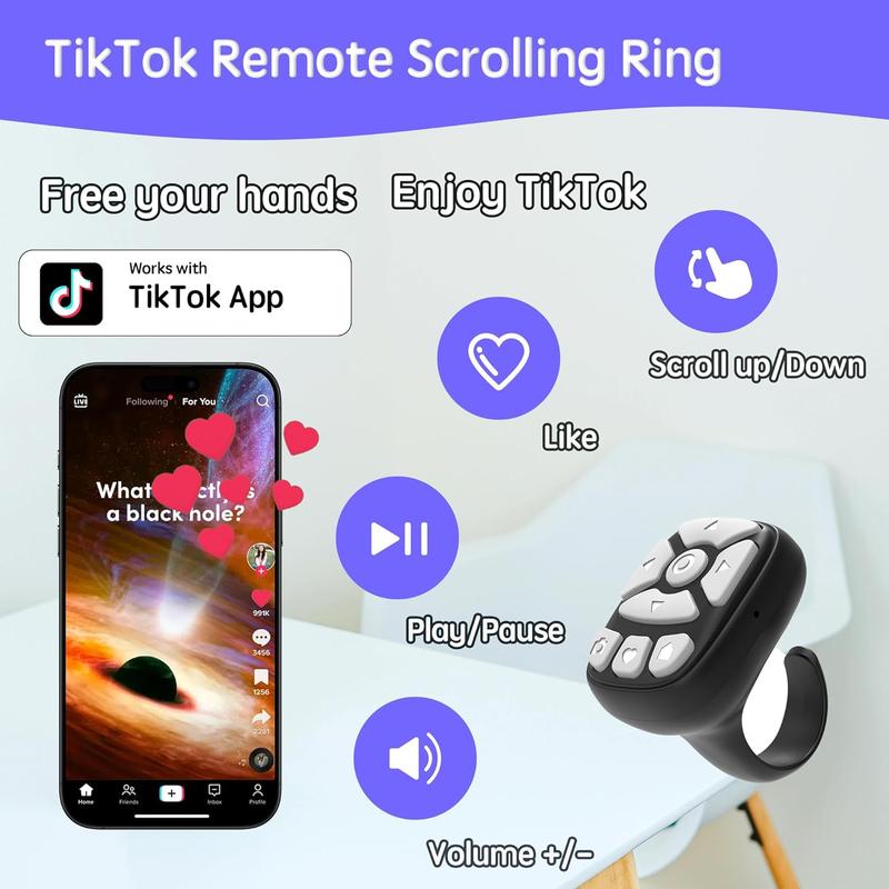 Bluetooth TikTok Ring - Finger Wearable Scrolling Remote | Effortless Video Browsing for Smartphones | Lightweight & Rechargeable (Black) Tech Accessories Camera